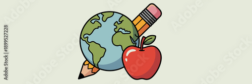 Globe with pencil and apple for global learning - Suitable for international education themes, student travel, or school branding.