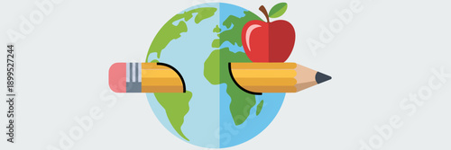 Educational globe pencil and apple flat vector - Great for teaching materials, student resources, or global literacy campaigns.