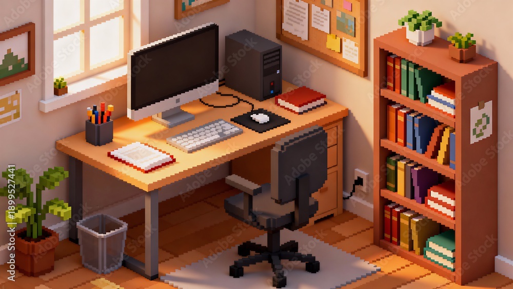 custom made wallpaper toronto digital集中できる書斎空間を表現したアイソメトリックピクセルアート内装