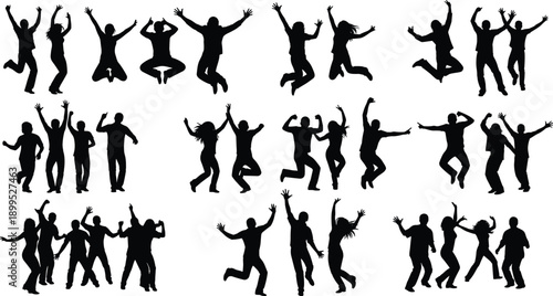Happy people jumping silhouette collection, joyful dancing crowd in celebration pose isolated on white background freedom energy concept