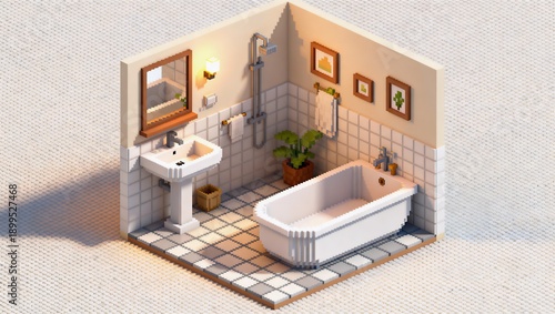 Wallpaper Mural 清潔感のある浴室を描いたアイソメトリックピクセルアート内装デザイン Torontodigital.ca