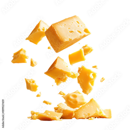 A block of cheese exploding into pieces on transparent background