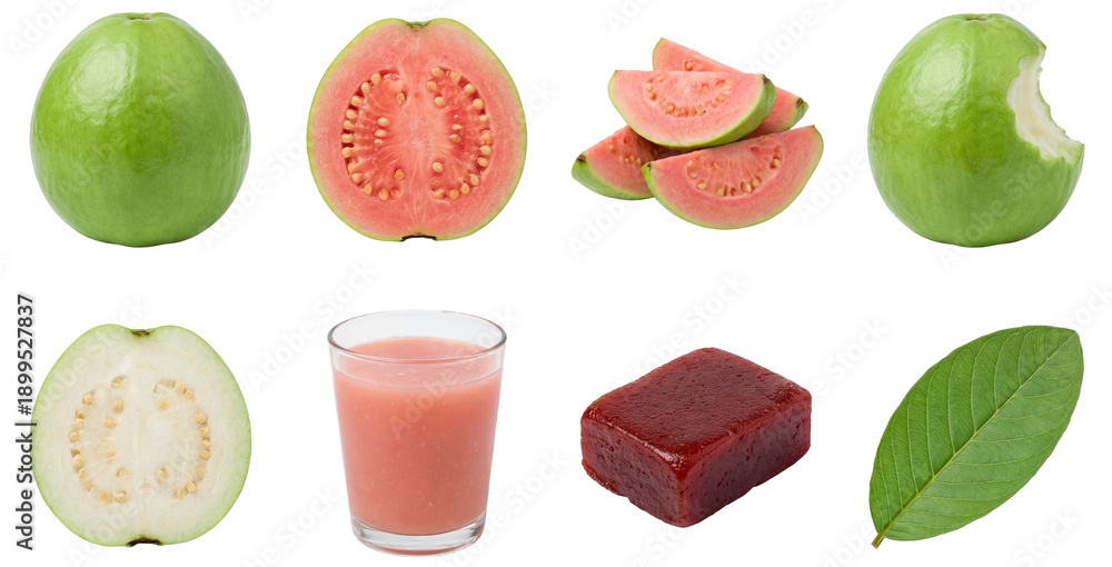 Obraz premium set of fresh green guava showing fruit slices juice and jelly isolated on a transparent background