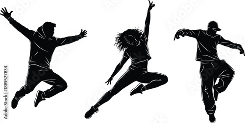 Hip hop dance silhouettes, urban street dancers jumping poses, energetic youth movement figures isolated on white background illustration