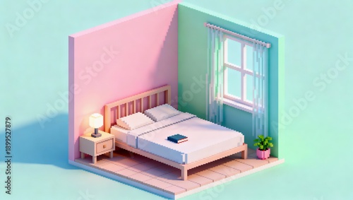 Wallpaper Mural 落ち着いた雰囲気の寝室を表現したアイソメトリックピクセルアート内装 Torontodigital.ca