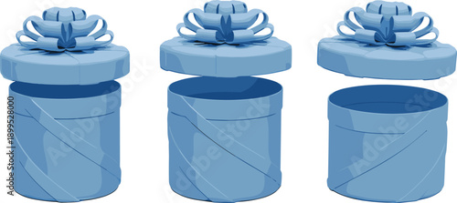 Three light blue round gift boxes with decorative ribbons and lids opening in sequence isolated on white background for luxury celebration and surprise branding concepts.
