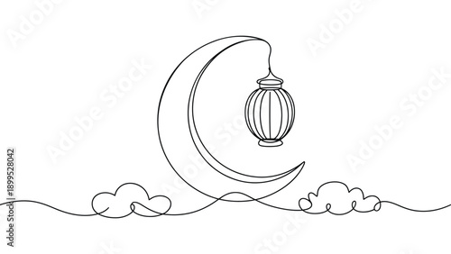  crescent moon with hanging lantern line art illustration, minimal night sky outline design for ramadan, islamic celebration, spirituality and peaceful concept