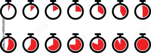 Set of stopwatch icon vector, timer different time 0 to 60 seconds or minutes, flat design stop watch symbols