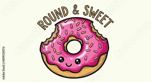 Colorful pink donut with sprinkles and smiling face on beige background