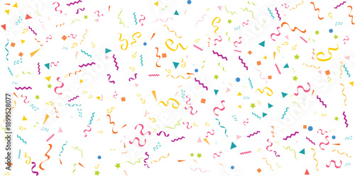 Party background with falling confetti and colorful streamers vector illustration for birthday celebration festive event and holiday surprise isolated on transparent background.