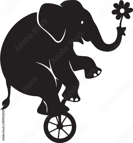Circus elephant silhouette balancing on unicycle wheel while holding flower with trunk isolated on transparent background for kids design