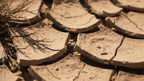 Dry Cracked Earth Surface with Shrubs.
