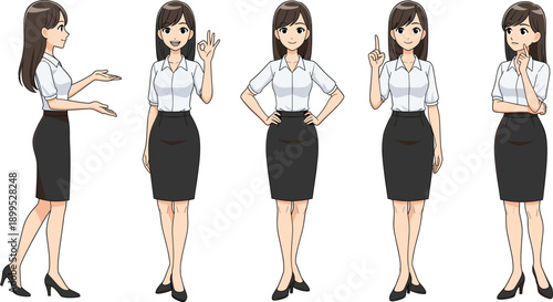 Professional young business woman character set in various poses including presenting, ok sign, thinking, and pointing for corporate office employee vector illustrations.