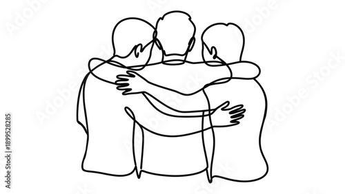  continuous one line people hugging illustration, group embrace line art symbolizing friendship, support, unity, love, teamwork and emotional connection concept