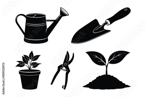 Gardening Tools and Plant Growth: Watering Can, Trowel, Secateurs, Sapling