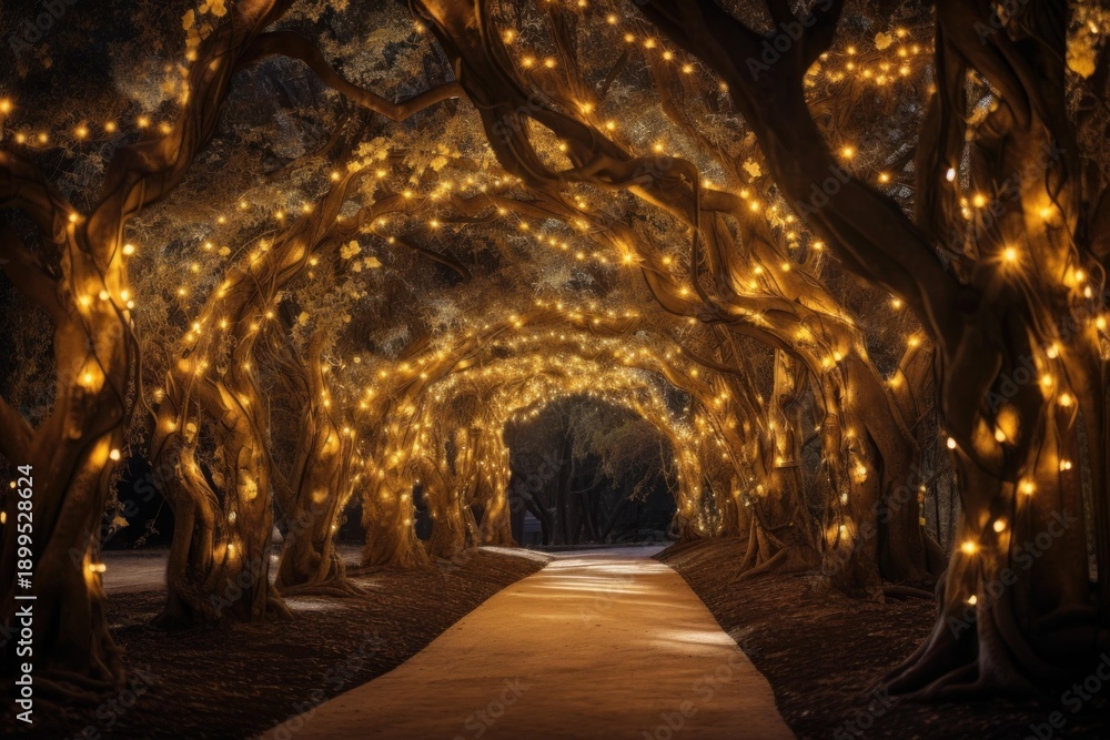 Fototapeta premium Trees adorned with glowing string lights form an enchanting tunnel over a path at night