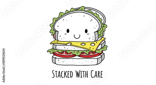 Smiling sandwich with lettuce cheese and tomato stacked with care on white background