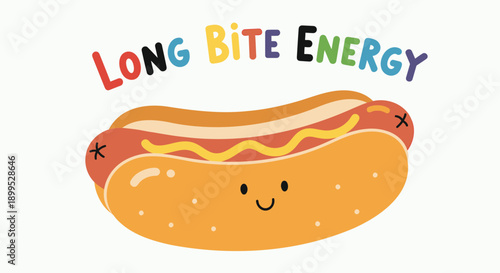 Smiling hot dog with mustard on bun long bite energy text colorful illustration