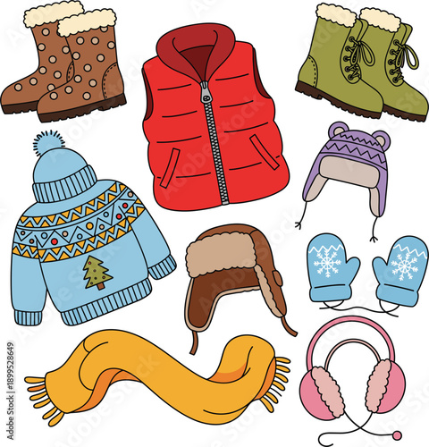 Flat vector winter clothing set including warm knitted sweater, red puffer vest, seasonal boots, cozy scarves, mittens, earmuffs, and hats for cold weather fashion icons.