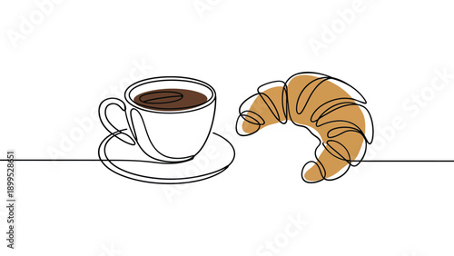continuous one line coffee cup and croissant illustration, minimal breakfast food line art for cafe menu, bakery branding, morning routine and lifestyle concept 