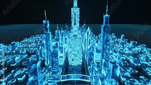 Captivating futuristic city rendered in vibrant blue light, showcasing innovative architecture and advanced technology, a glimpse into tomorrow's urban landscape