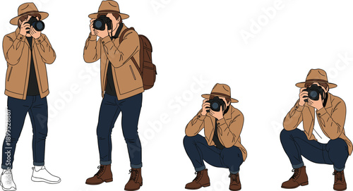 Male photographer taking photos in different poses standing and squatting with camera flat cartoon vector illustration set
