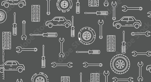 Automotive service and repair tools seamless pattern background auto mechanic garage maintenance tire wheel screwdriver