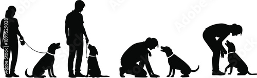 Silhouette illustration of twelve dogs in diverse poses, standing, sitting, lying, walking, running and jumping stances, black and white vector artwork, canine posture design