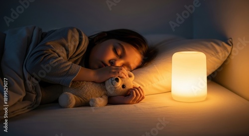 Little child sleeping peacefully with teddy bear and night light