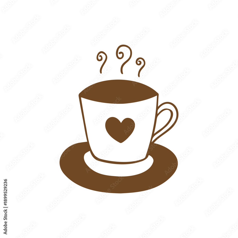 Fototapeta premium Mug with hot drink, simple hand drawn doodle on white background, heart shaped cup, coffee or tea, logo, icon, hot drink symbol.