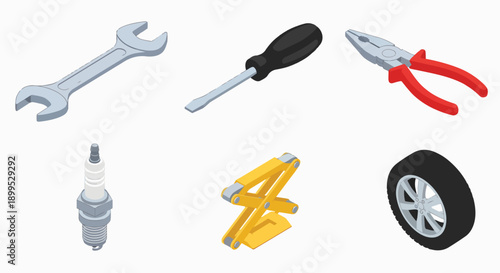 Essential automotive repair tools and parts maintenance set Wrench Screwdriver Pliers SparkPlug Jack Tire Mechanic