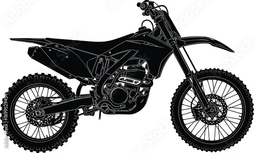 Motocross dirt bike illustration, off road motorcycle side view, detailed black motorbike isolated on white background vector