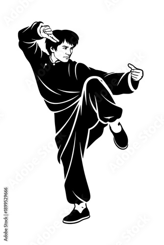 Traditional Kung Fu Master in Standing Crane Kick Pose Black and White Vector Silhouette