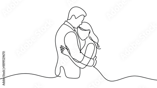  minimal continuous line art illustration of mother holding baby on white background representing motherhood, love, care, bonding, family connection and maternal affection concept