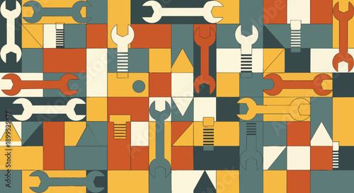 Colorful abstract pattern with wrenches bolts and geometric shapes Tools industry engineering mechanics design background