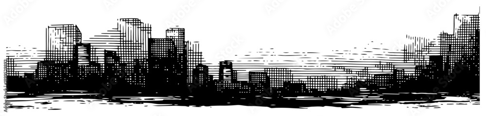 Obraz premium Modern city skyline panorama with architectural skyscrapers and water reflections in hatched style