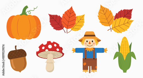 Happy autumn harvest season vector icons set collection Pumpkin Scarecrow Leaves Acorn Corn Mushroom Fall