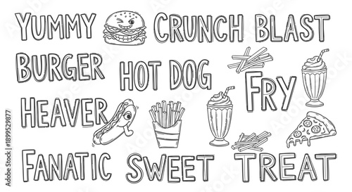 Colorful illustration of fast food words and icons on white background