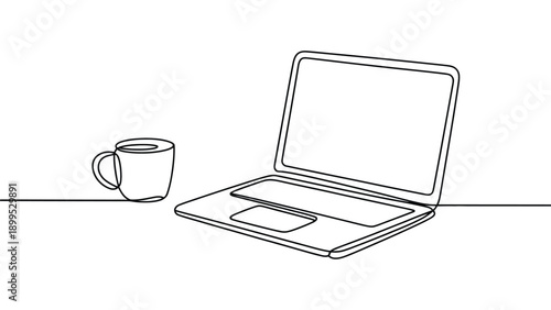 minimal continuous line art illustration of laptop with coffee cup on desk on white background representing remote work, workspace, productivity, freelancing and modern office lifestyle 