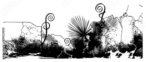 Vintage nature collage with ink wash textures and botanical fern elements for background design