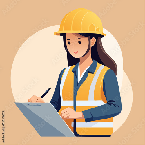 Diligent female engineer or construction worker in a safety vest and hard hat, focused on reviewing project plans with a clipboard, symbolizing professionalism and responsibility in the industry