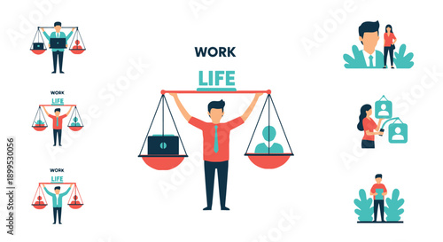 Man balancing work and life on scales surrounded by colleagues and family