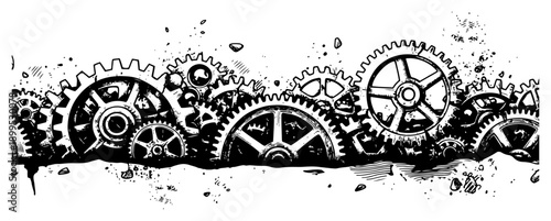 Steampunk mechanical gears and cogs border with hand drawn industrial machine details