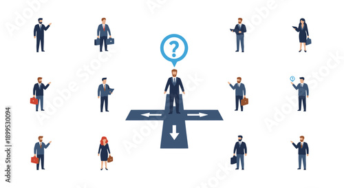 Business people standing at crossroads with question mark, contemplating decision, in corporate attire, on a white background, viewed from directly above.