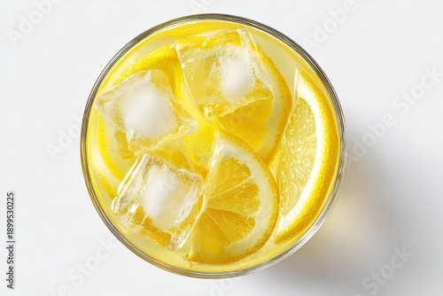 Refreshing Lemonade with Ice Cubes and Slices in a Glass Top View