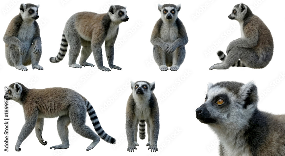 Fototapeta premium set of a ring-tailed lemur in different poses, sitting, walking, standing isolated on a transparent background