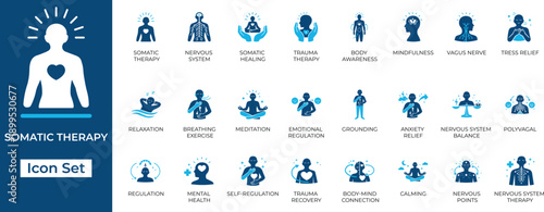 Somatic therapy and nervous system regulation vector icon set. Symbols for trauma healing, vagus nerve, mindfulness, and mental health.