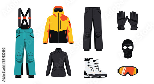 Comprehensive winter sports and outdoor gear ensemble for cold weather activities Vector