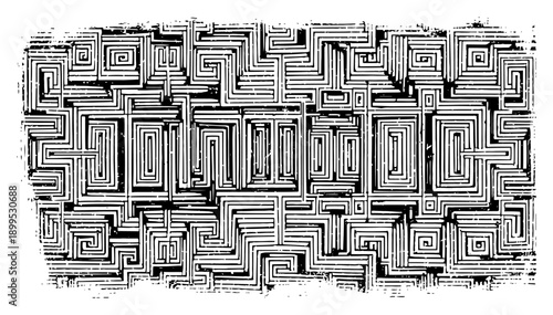 Intricate geometric maze pattern with hand drawn square labyrinth design and distressed texture