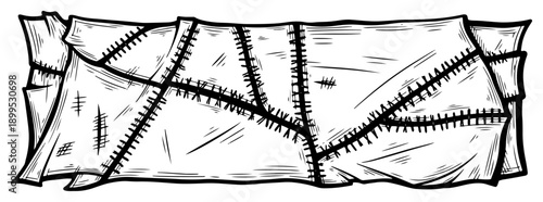 Hand drawn stitched fabric pieces banner with visible seams and rough thread details